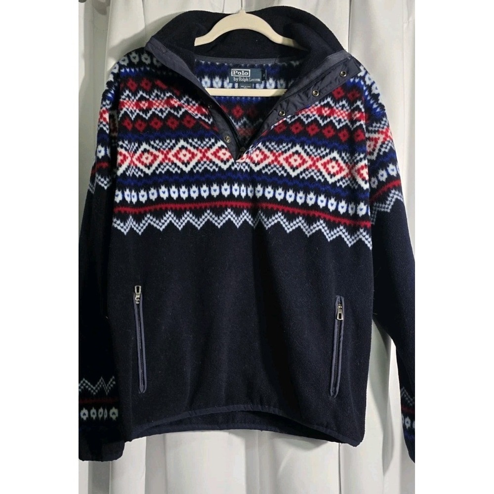 Polo Ralph Lauren Fleece 1/4 Zip Snap Pullover Aztec Navaho Red Blue Mens M VTG